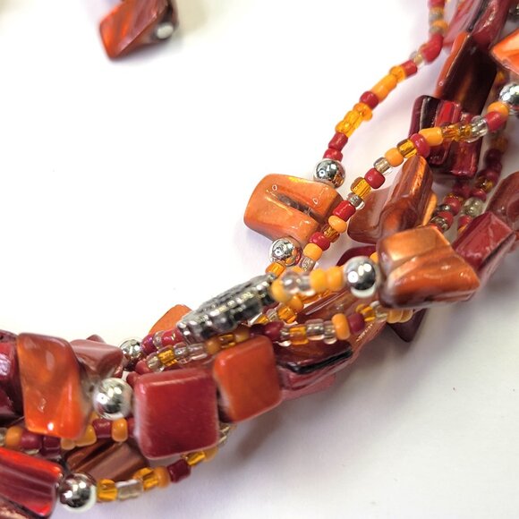 Iridescent Red Coral Floral Multi Strand Necklace With Earrings - Picture 13 of 13